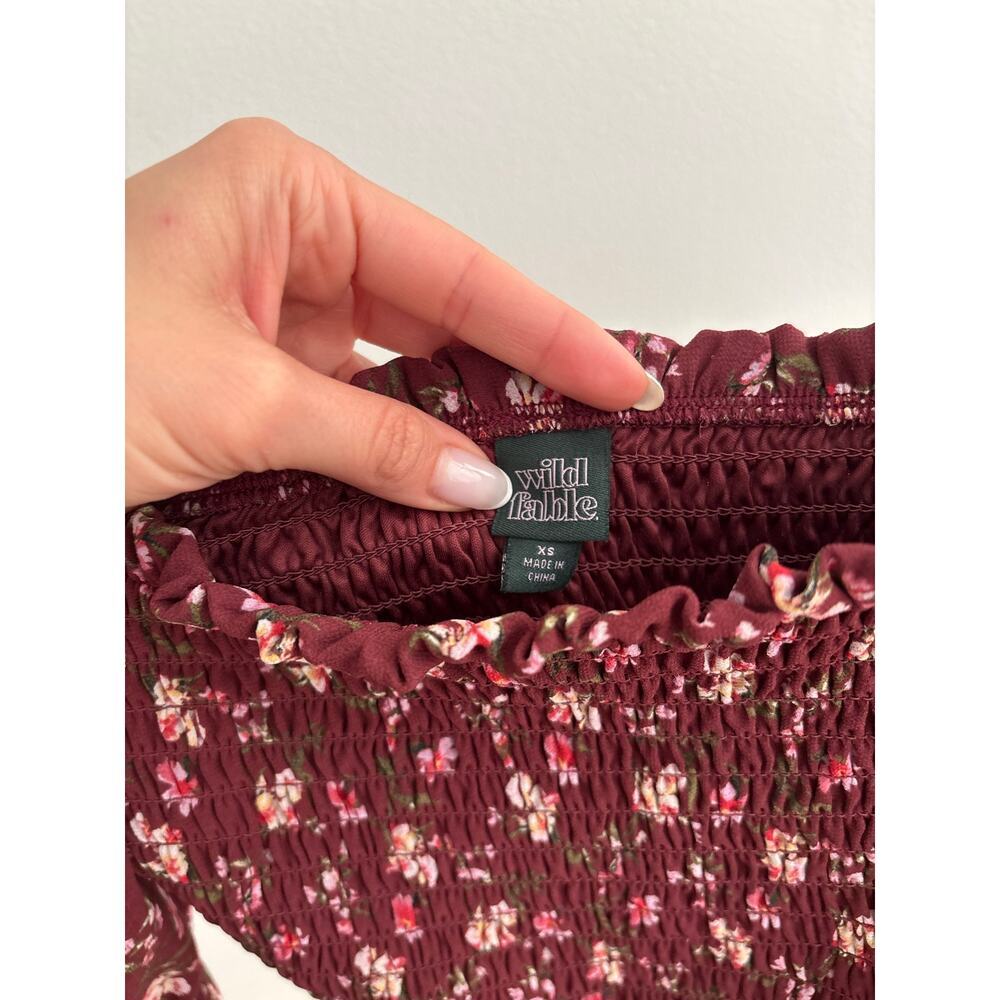 Wild Fable Floral Smocked Crop Top XS Burgundy Long Sleeve Cottagecore Blouse - Picture 8 of 12